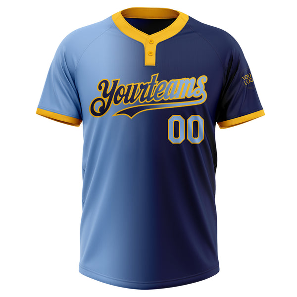 Custom Navy Light Blue-Gold Gradient Fashion Two-Button Unisex Softball Jersey