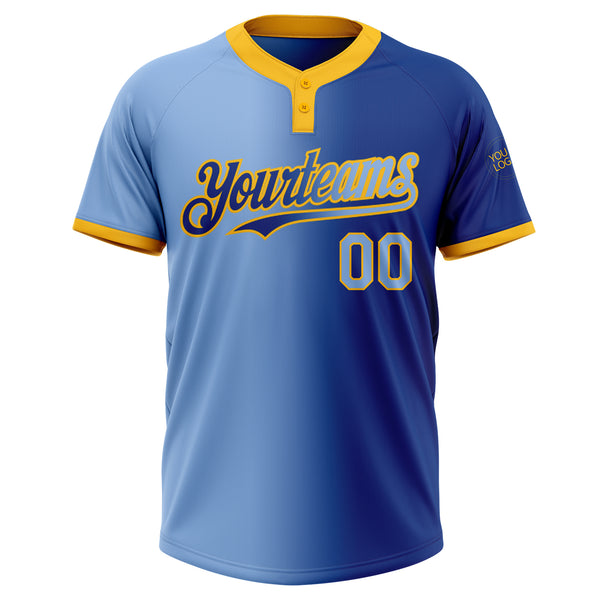 Custom Royal Light Blue-Gold Gradient Fashion Two-Button Unisex Softball Jersey