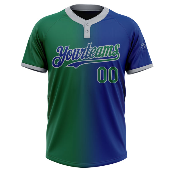 Custom Royal Kelly Green-Gray Gradient Fashion Two-Button Unisex Softball Jersey