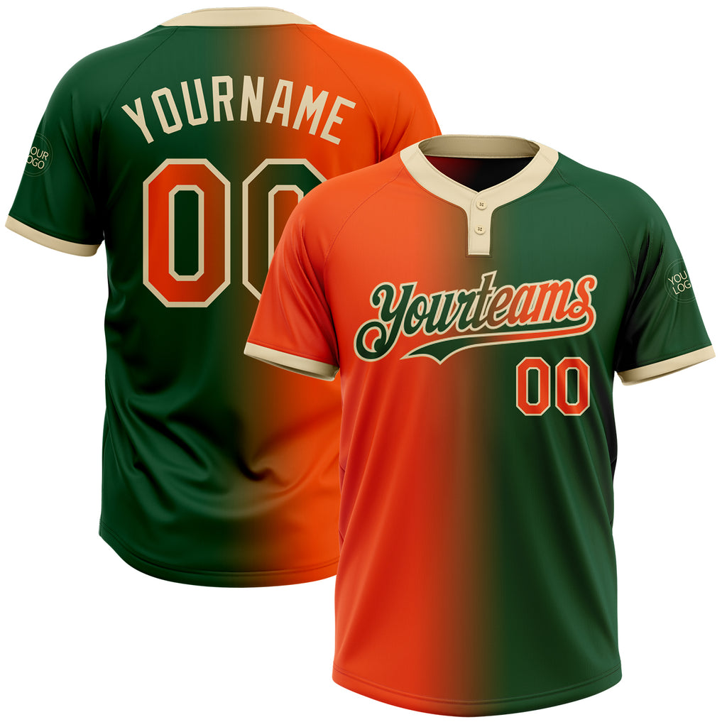 Custom Green Orange-Cream Gradient Fashion Two-Button Unisex Softball Jersey