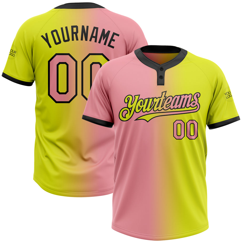 Custom Neon Yellow Medium Pink-Black Gradient Fashion Two-Button Unisex Softball Jersey