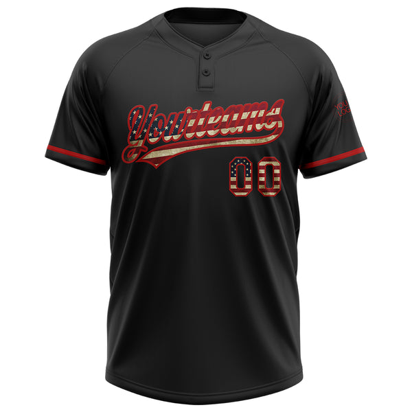 Custom Black Vintage USA Flag-Red Two-Button Unisex Softball Jersey