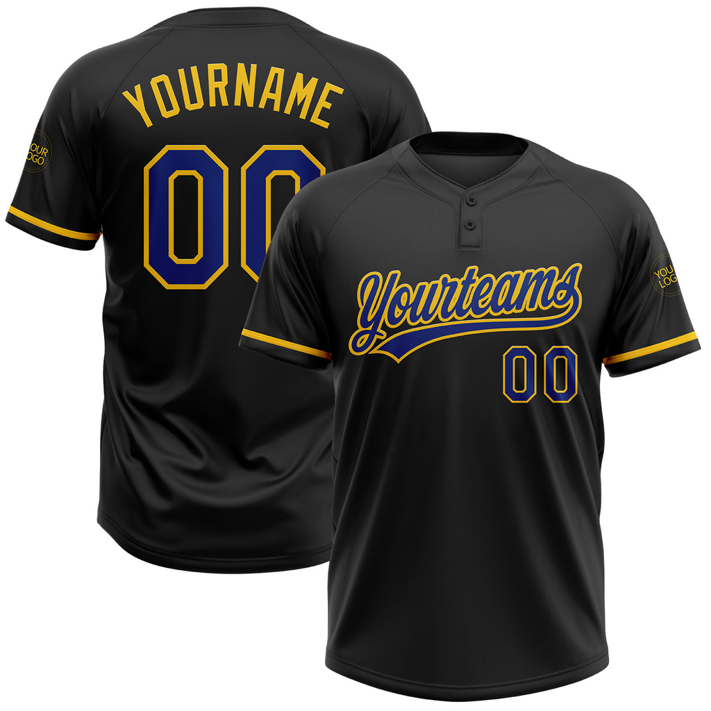 Custom Black Royal-Yellow Two-Button Unisex Softball Jersey