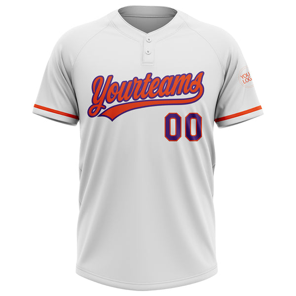 Custom White Purple-Orange Two-Button Unisex Softball Jersey