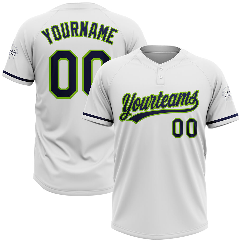 Custom White Navy-Neon Green Two-Button Unisex Softball Jersey