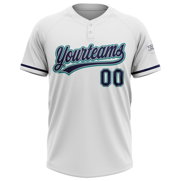 Custom White Navy Gray-Teal Two-Button Unisex Softball Jersey