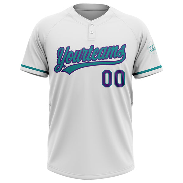 Custom White Purple-Teal Two-Button Unisex Softball Jersey