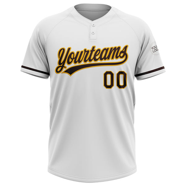 Custom White Brown-Gold Two-Button Unisex Softball Jersey