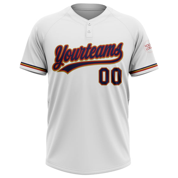 Custom White Navy Red-Old Gold Two-Button Unisex Softball Jersey