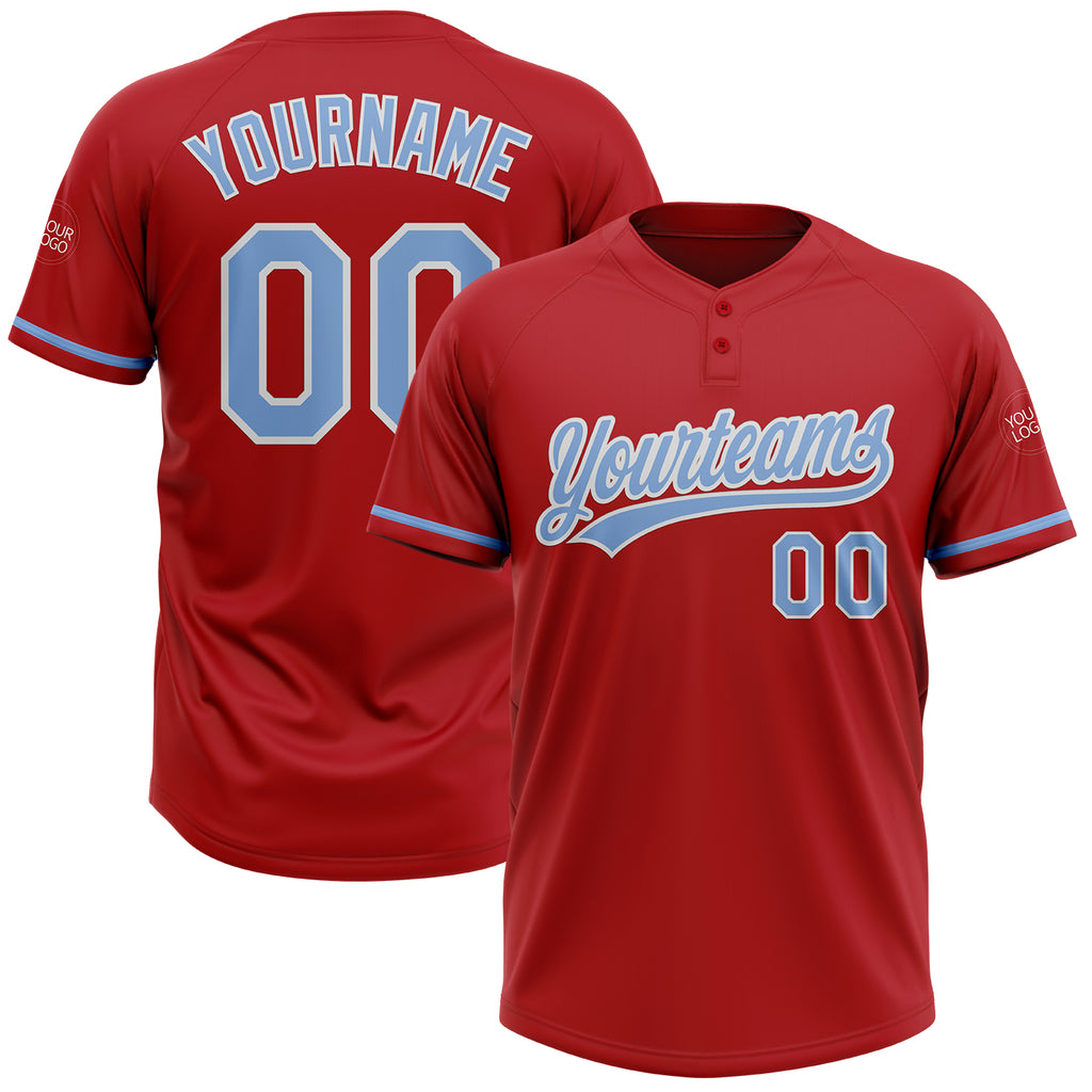 Custom Red Light Blue-White Two-Button Unisex Softball Jersey