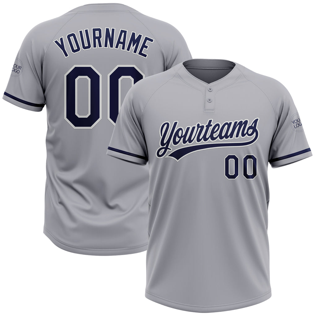 Custom Gray Navy-White Two-Button Unisex Softball Jersey