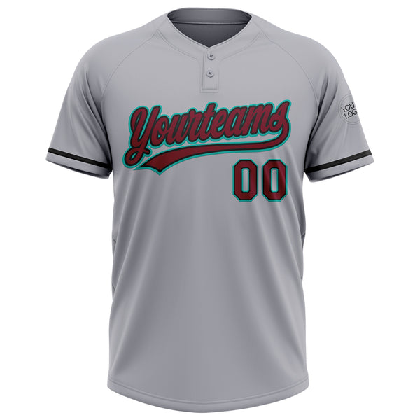 Custom Gray Crimson Black-Aqua Two-Button Unisex Softball Jersey