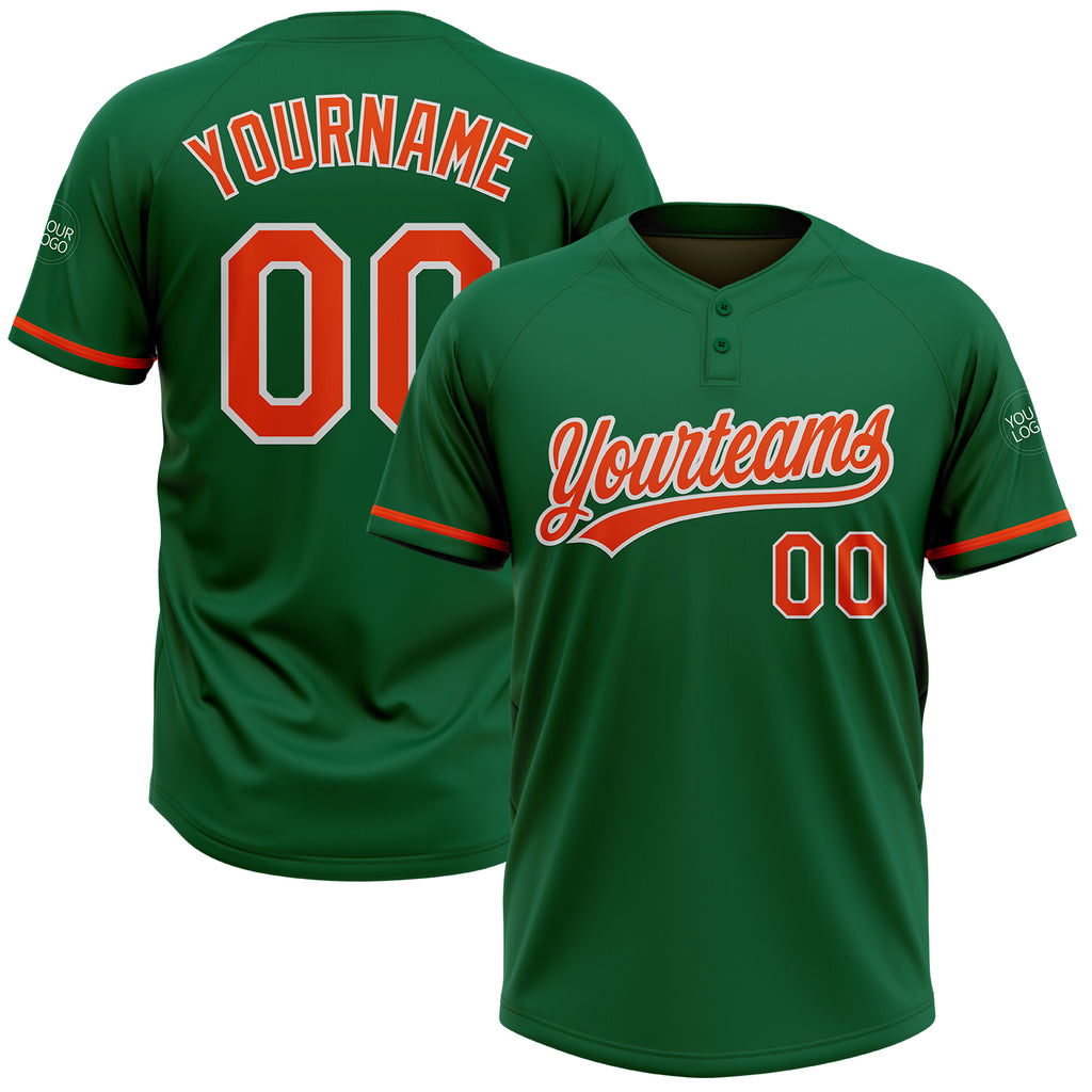 Custom Kelly Green Orange-White Two-Button Unisex Softball Jersey