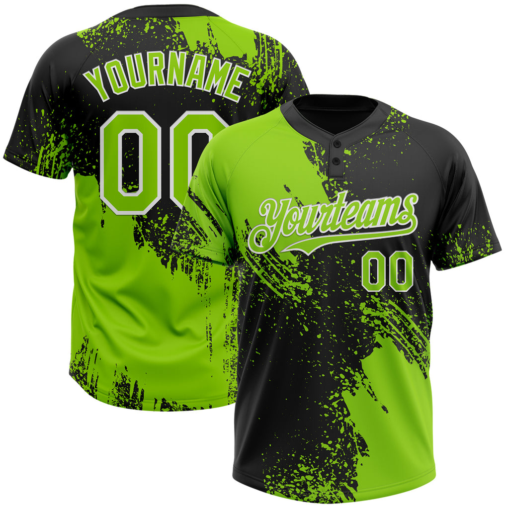 Custom Neon Green Black-White 3D Pattern Abstract Brush Stroke Two-Button Unisex Softball Jersey