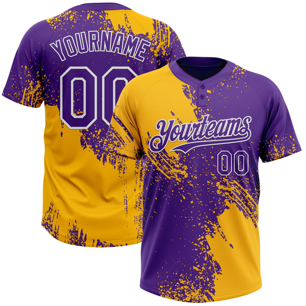 Custom Gold Purple-White 3D Pattern Abstract Brush Stroke Two-Button Unisex Softball Jersey