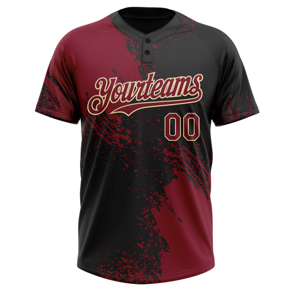 Custom Crimson Black-Cream 3D Pattern Abstract Brush Stroke Two-Button Unisex Softball Jersey