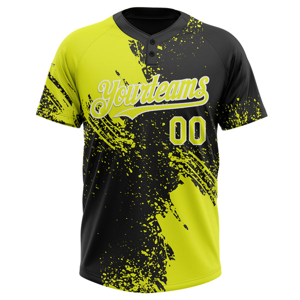 Custom Black Neon Yellow-White 3D Pattern Abstract Brush Stroke Two-Button Unisex Softball Jersey