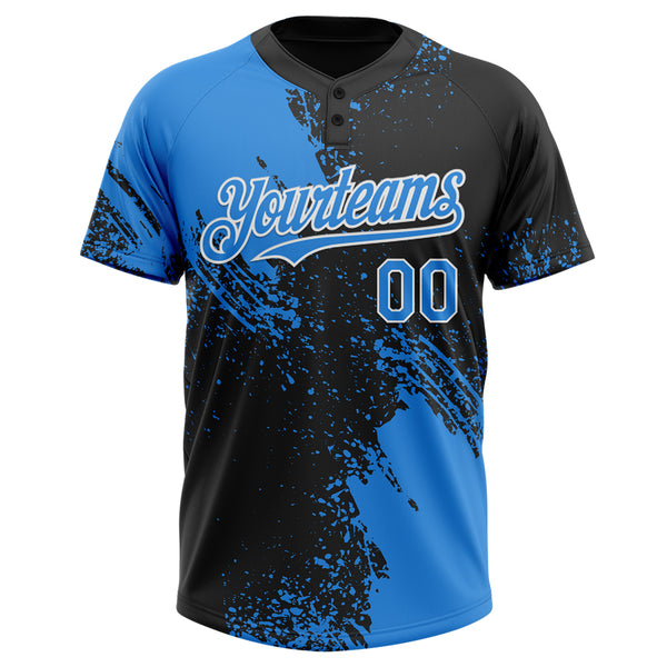 Custom Black Electric Blue-White 3D Pattern Abstract Brush Stroke Two-Button Unisex Softball Jersey
