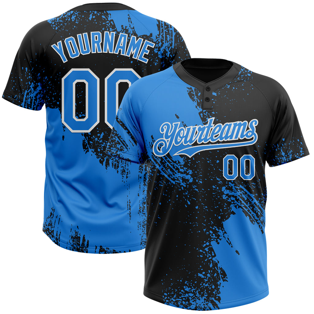 Custom Black Electric Blue-White 3D Pattern Abstract Brush Stroke Two-Button Unisex Softball Jersey
