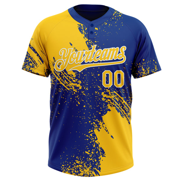 Custom Yellow Royal-White 3D Pattern Abstract Brush Stroke Two-Button Unisex Softball Jersey