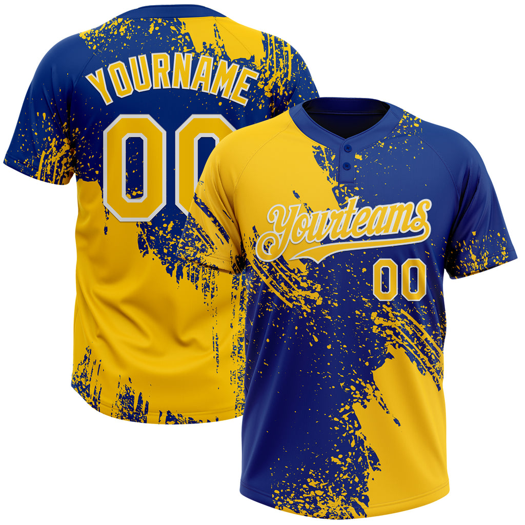 Custom Yellow Royal-White 3D Pattern Abstract Brush Stroke Two-Button Unisex Softball Jersey