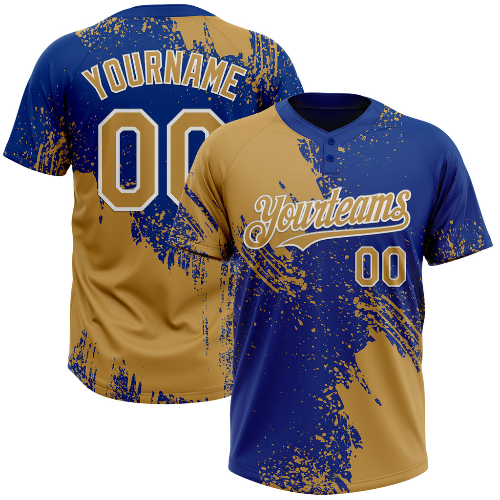 Custom Old Gold Royal-White 3D Pattern Abstract Brush Stroke Two-Button Unisex Softball Jersey