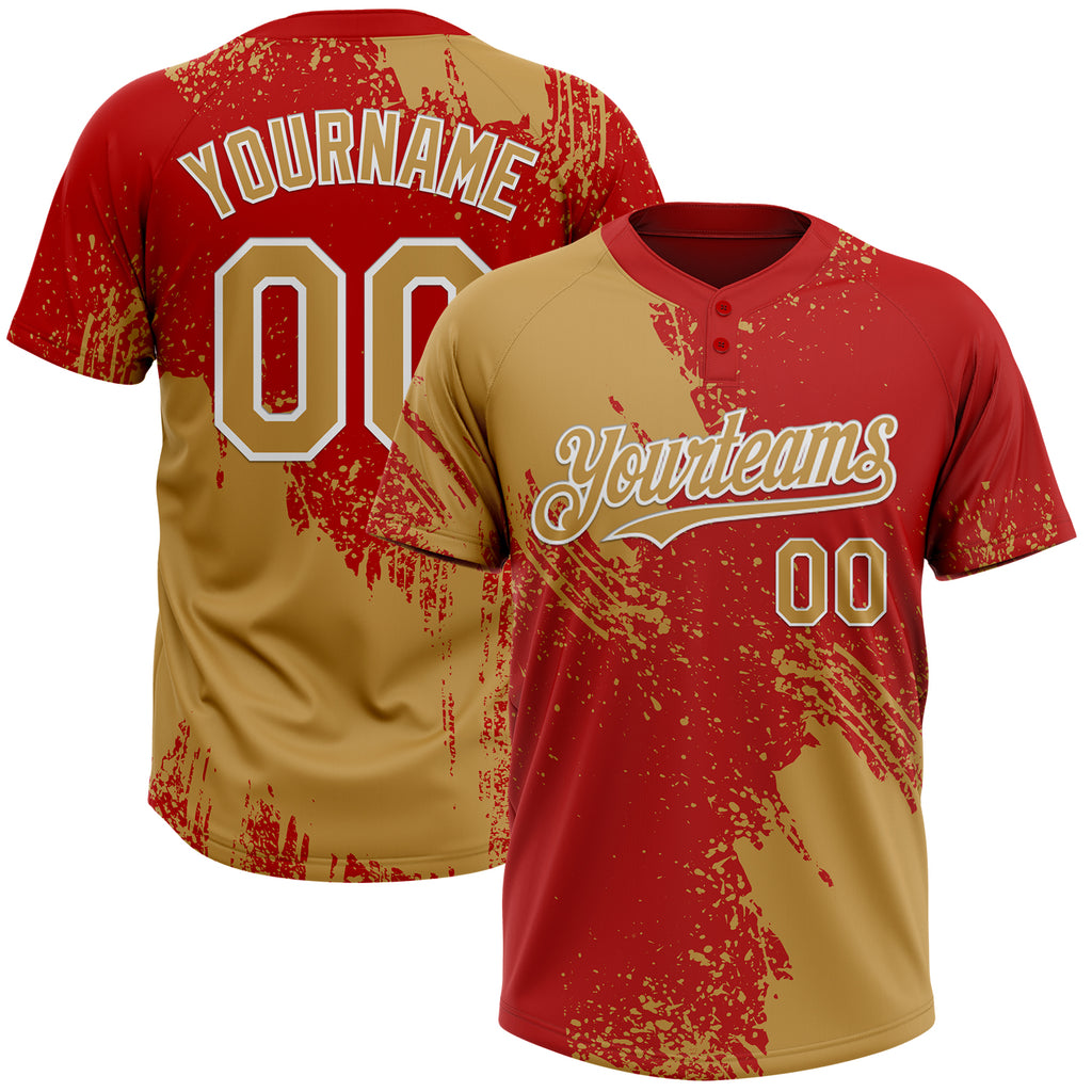 Custom Old Gold Red-White 3D Pattern Abstract Brush Stroke Two-Button Unisex Softball Jersey