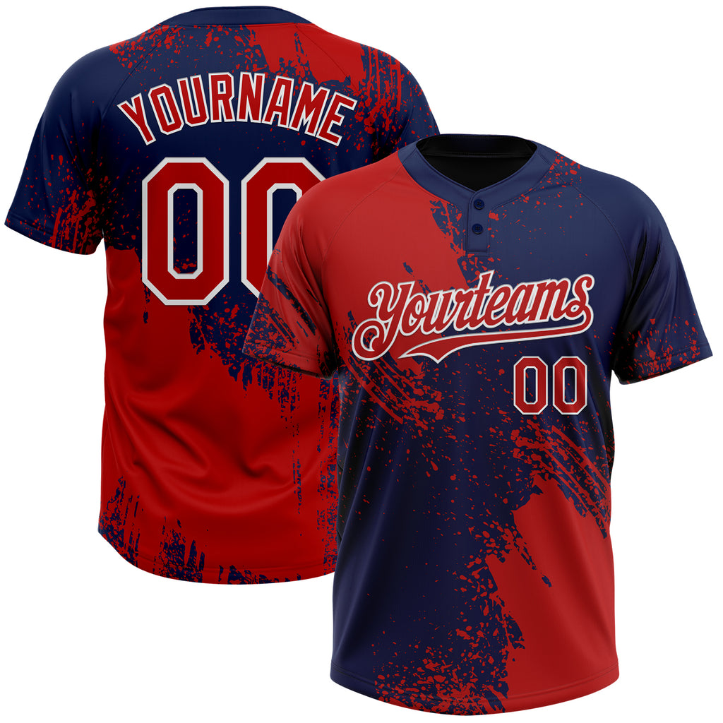 Custom Red Navy-White 3D Pattern Abstract Brush Stroke Two-Button Unisex Softball Jersey