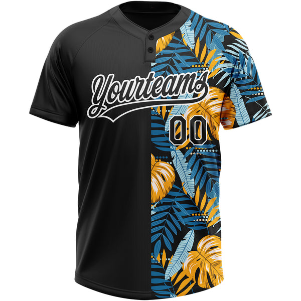 Custom Black White 3D Pattern Hawaii Tropical Leaves Two-Button Unisex Softball Jersey