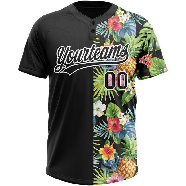 Custom Black White 3D Pattern Hawaii Tropical Pineapples, Palm Leaves And Flowers Two-Button Unisex Softball Jersey