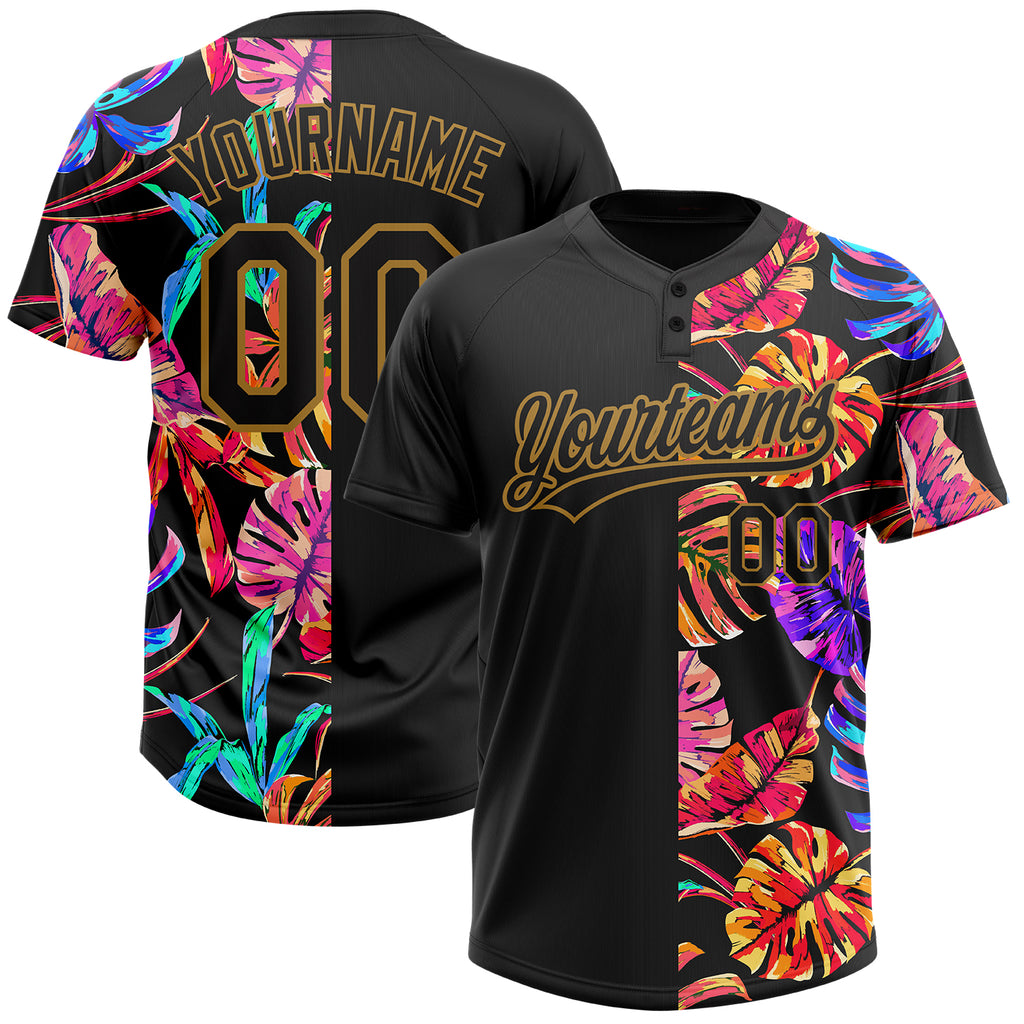 Custom Black Old Gold 3D Pattern Hawaii Tropical Palm Leaves Two-Button Unisex Softball Jersey