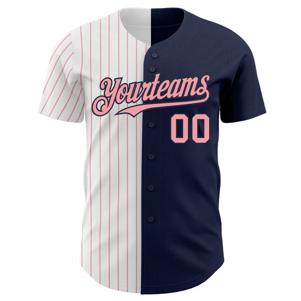 Custom Navy White-Medium Pink Pinstripe Authentic Split Fashion Baseball Jersey