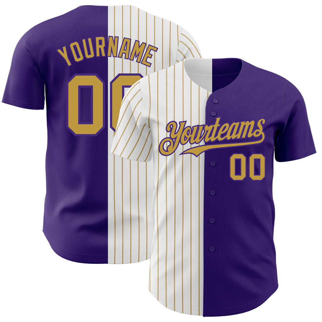 Custom Purple White-Old Gold Pinstripe Authentic Split Fashion Baseball Jersey