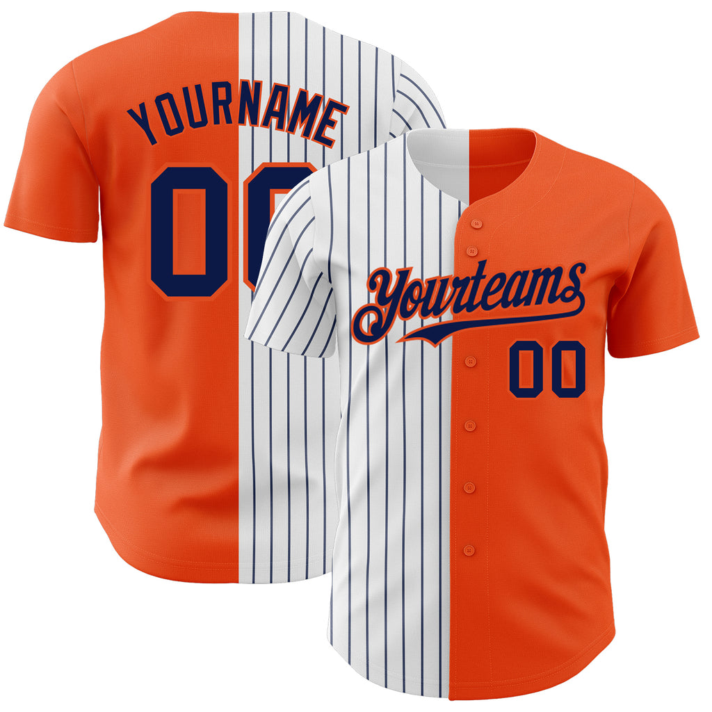 Custom Orange White-Navy Pinstripe Authentic Split Fashion Baseball Jersey