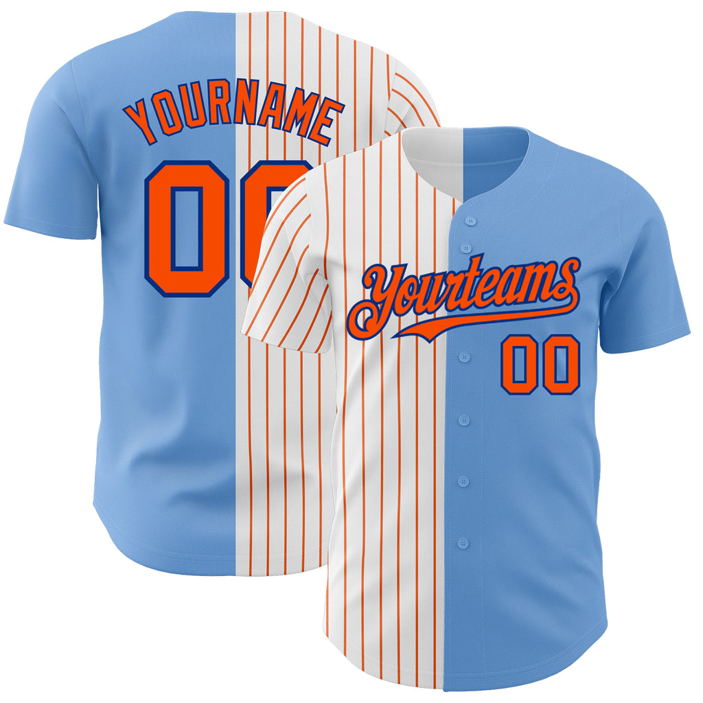 Custom Light Blue Royal-Orange Pinstripe Authentic Split Fashion Baseball Jersey