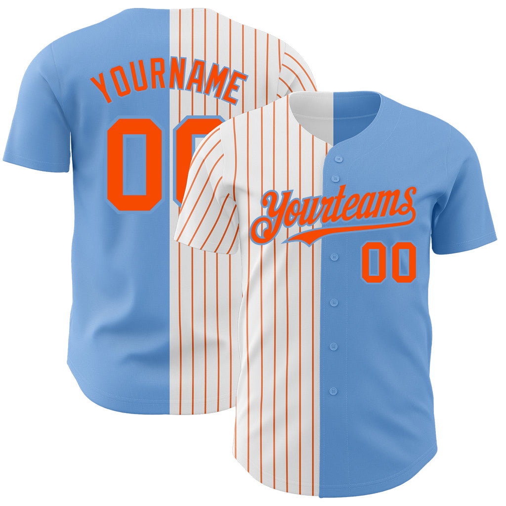 Custom Light Blue White-Orange Pinstripe Authentic Split Fashion Baseball Jersey