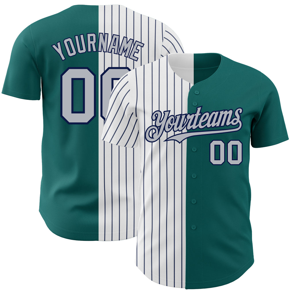 Custom Teal Gray-Navy Pinstripe Authentic Split Fashion Baseball Jersey