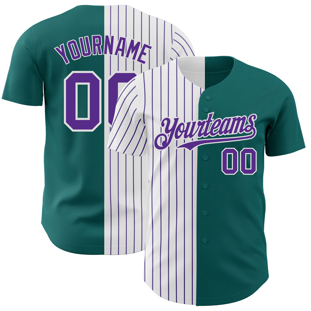 Custom Teal White-Purple Pinstripe Authentic Split Fashion Baseball Jersey