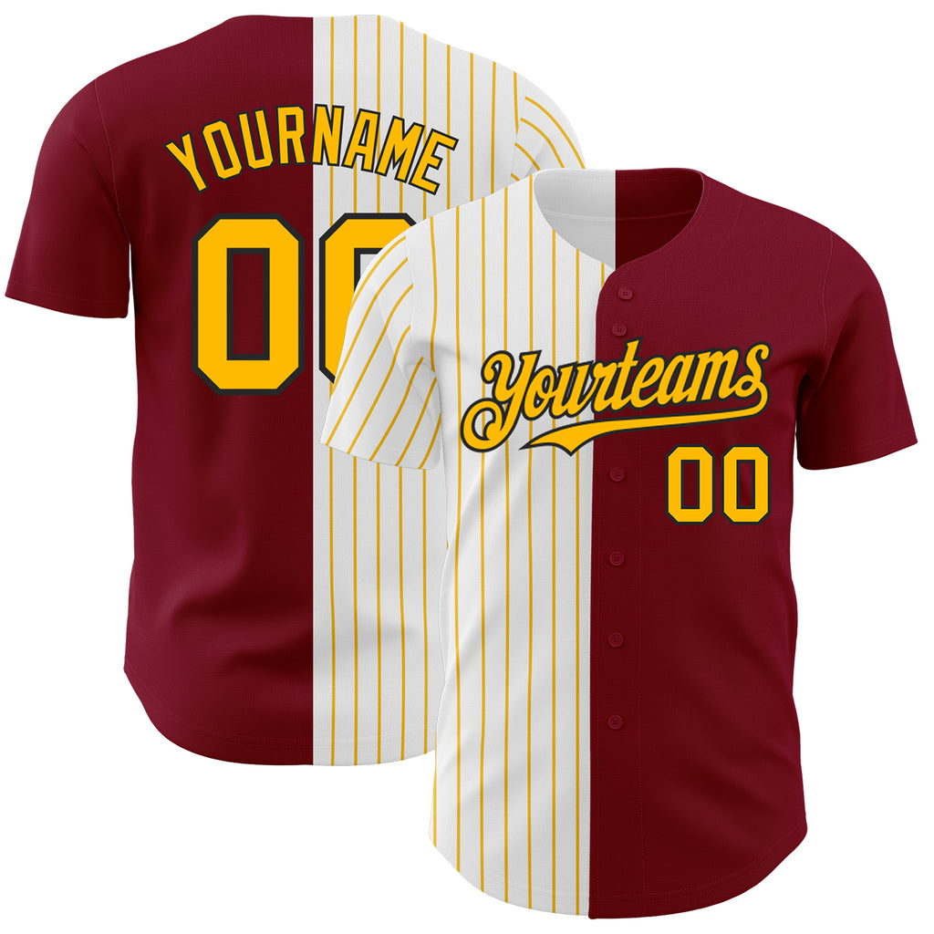 Custom Crimson Black-Gold Pinstripe Authentic Split Fashion Baseball Jersey