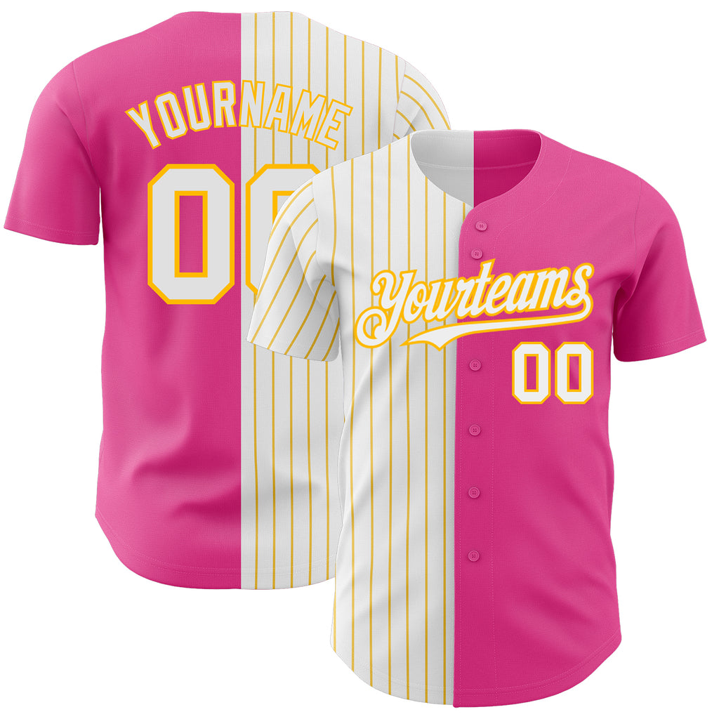 Custom Pink White-Gold Pinstripe Authentic Split Fashion Baseball Jersey