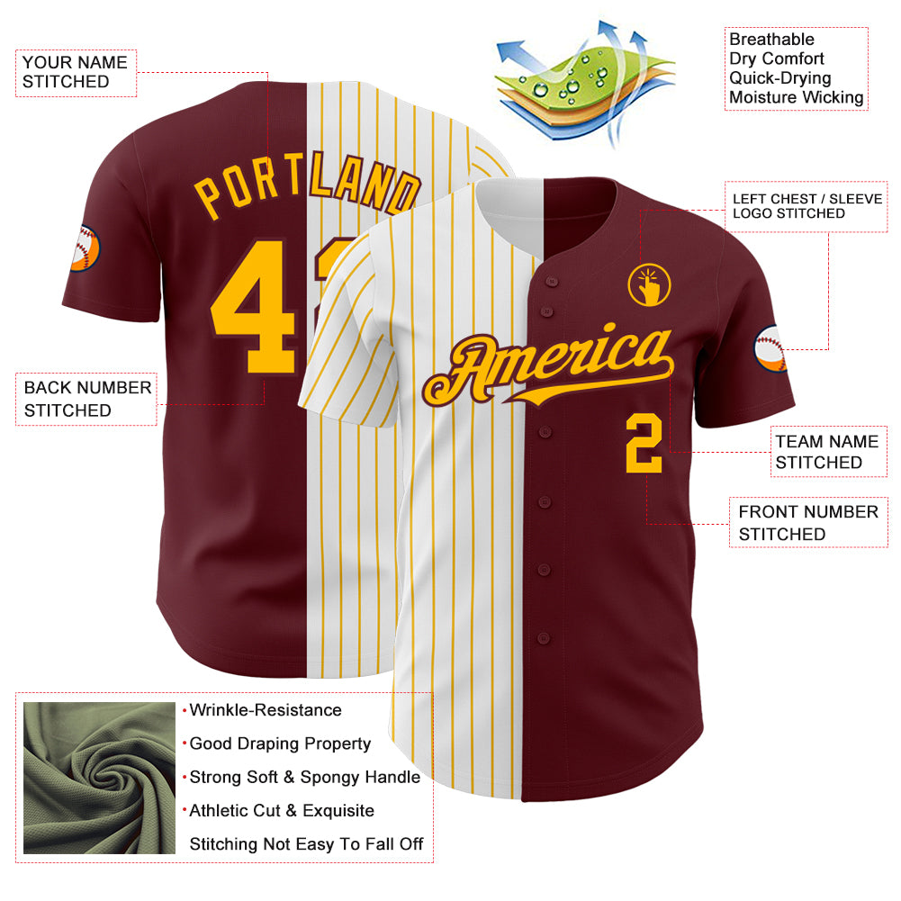 Custom Burgundy White-Gold Pinstripe Authentic Split Fashion Baseball ...