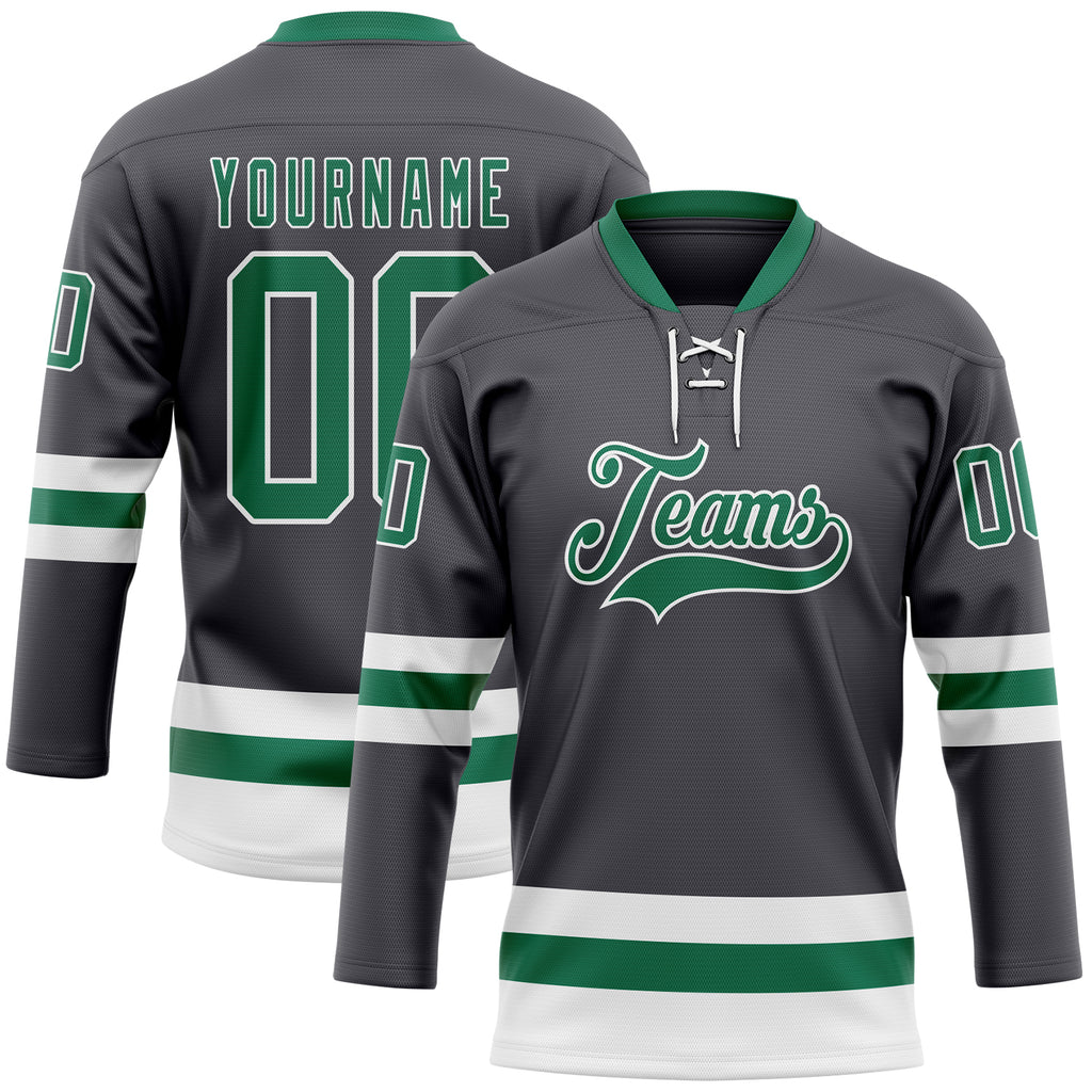 Custom Steel Gray Kelly Green-White Hockey Lace Neck Jersey