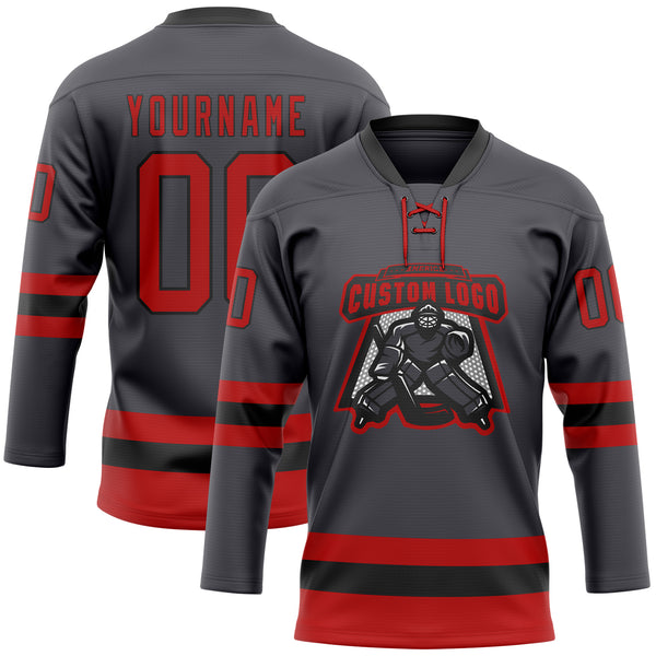 Custom Steel Gray Red-Black Hockey Lace Neck Jersey