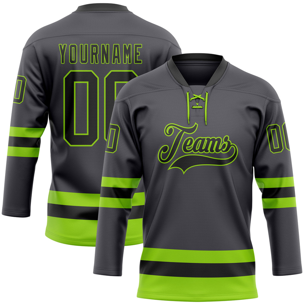 Custom Steel Gray Black-Neon Green Hockey Lace Neck Jersey