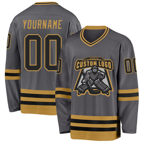 Custom Steel Gray Black-Old Gold Hockey Jersey