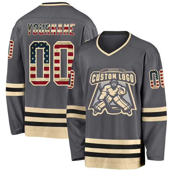 Custom Steel Gray Vintage USA Flag Cream-Black Hockey Jersey