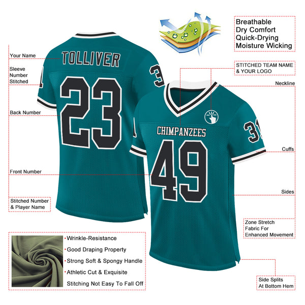 Custom Teal Black-White Mesh Authentic Throwback Football Jersey