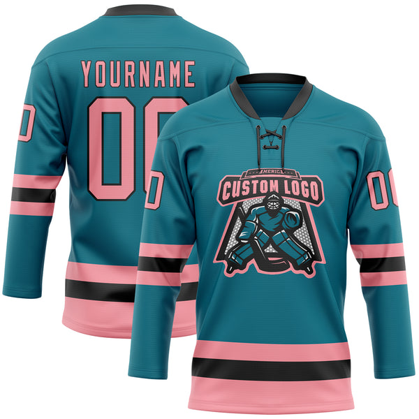 Custom Teal Medium Pink-Black Hockey Lace Neck Jersey