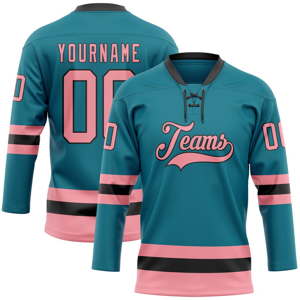 Custom Teal Medium Pink-Black Hockey Lace Neck Jersey