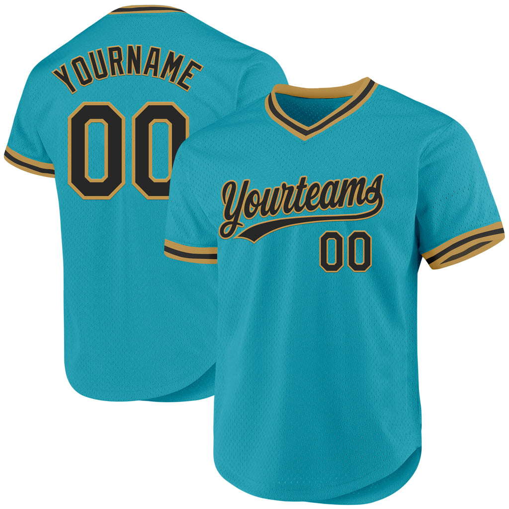 Custom Teal Black-Old Gold Authentic Throwback Baseball Jersey